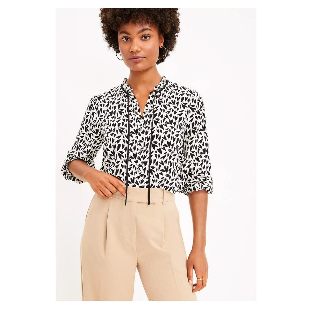 LOFT Shirt Heart Print Ruffle Tie Neck Blouse Top Art Black White  NWT NEW Med